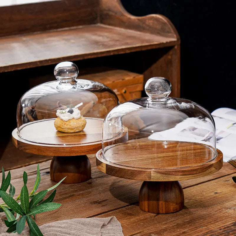 Acacia Cake Stand with glass lid