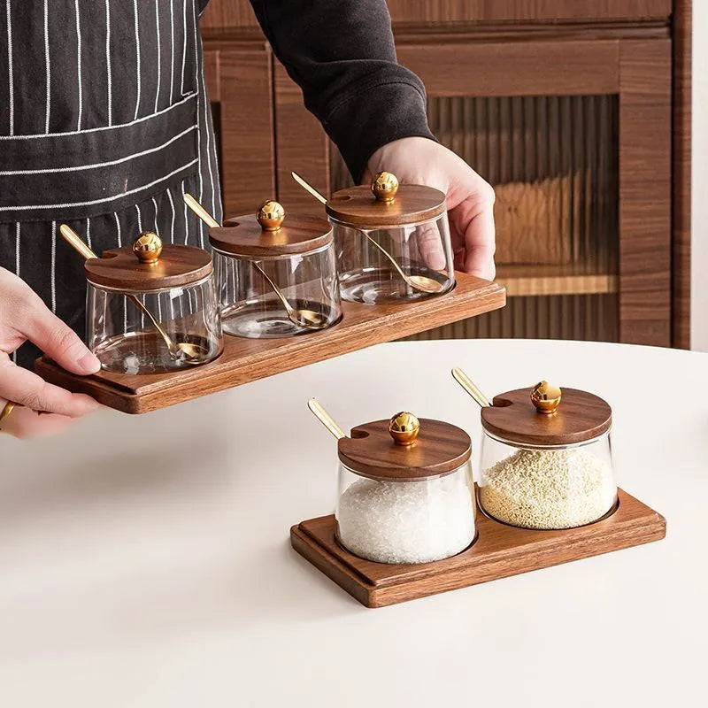 Glass Wooden Spice Set